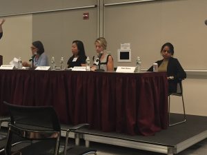 The alumnae panel, from left: Arcelus, Chang, Greenberg, Mishra