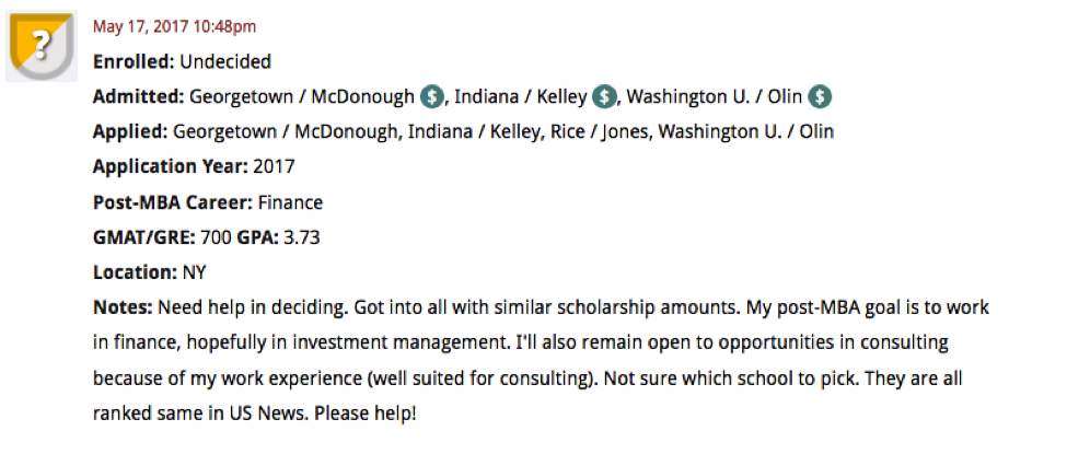 MBA DecisionWire Spotlight: Georgetown / McDonough, Indiana / Kelley or Washington U. Olin for Finance