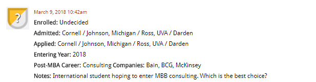 MBA DecisionWire Spotlight: Undecided about Cornell / Johnson, Michigan / Ross, or UVA / Darden for Consulting