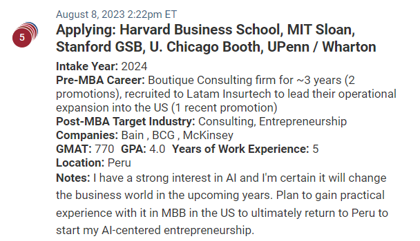MBA candidate from Peru, who is now working in the United States. They have a huge GMAT of 770.