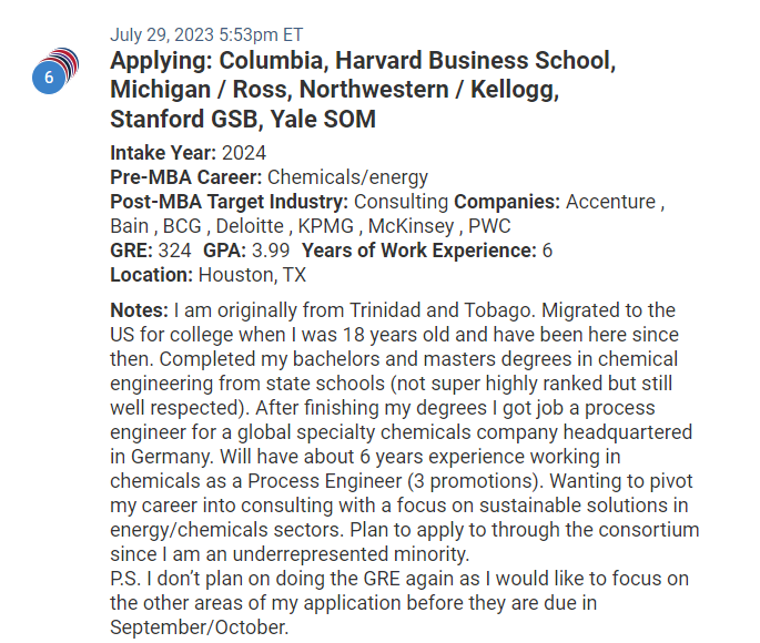 Chemical engineer from Trinidad and Tobago. GRE is 324. 