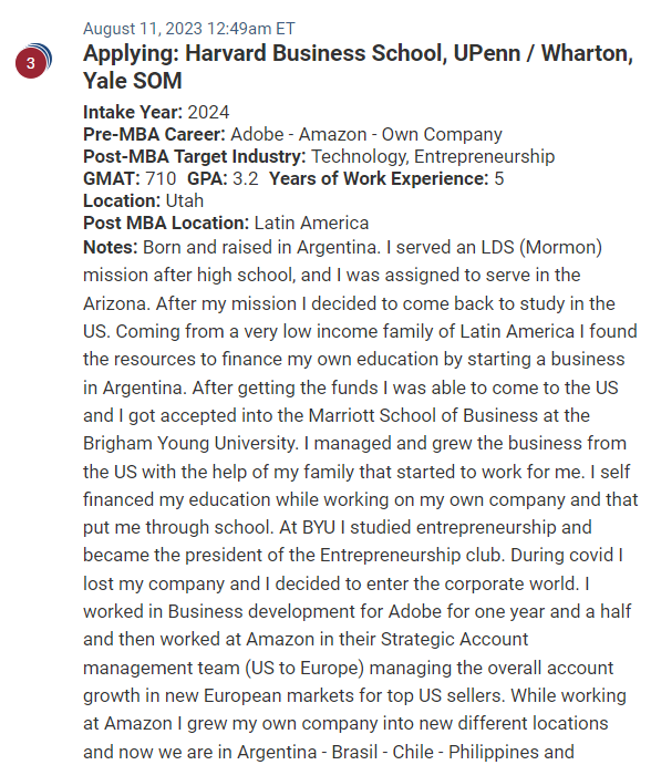 A serial entrepreneur from Argentina who is now based in the United States. The quant score on the GMAT does raise some concerns.