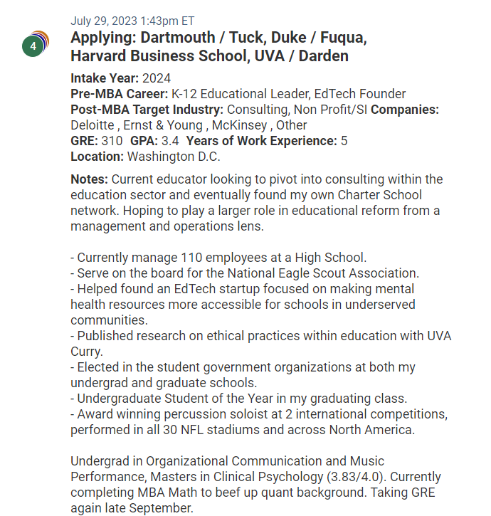 MBA candidate with very interesting experience int he education sector. Low GRE score.