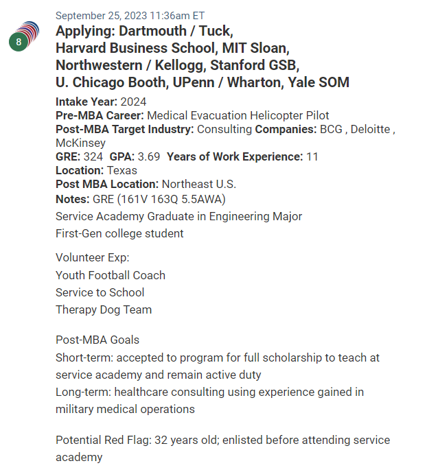 Army helicopter pilot with 11 years of experience, seeking an MBA to ultimately transition to consulting in the health care space. 