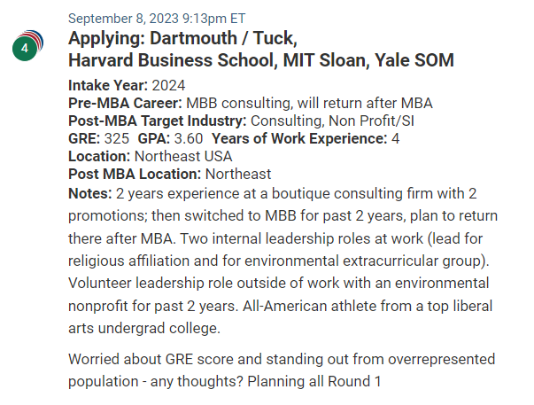 A strong MBA candidate from a consulting background with a focus on the climate. GRE is a small concern.