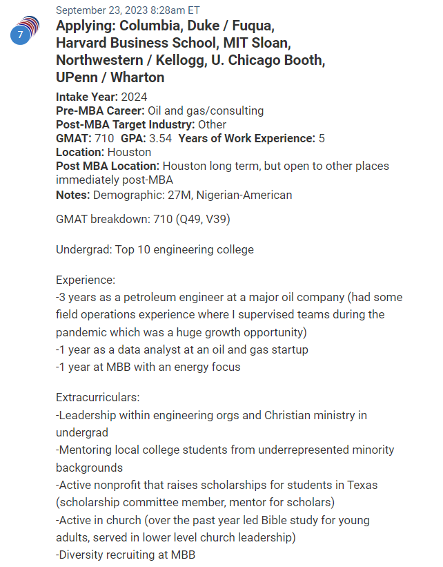 MBA candidate who has worked in the Oil and Gas sector, and has already transitioned to clean tech. GMAT is 710.