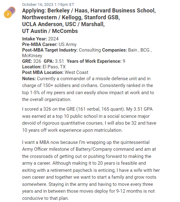 Army MBA candidate, seeking to transition to the private sector, via the MBA and then consulting. 