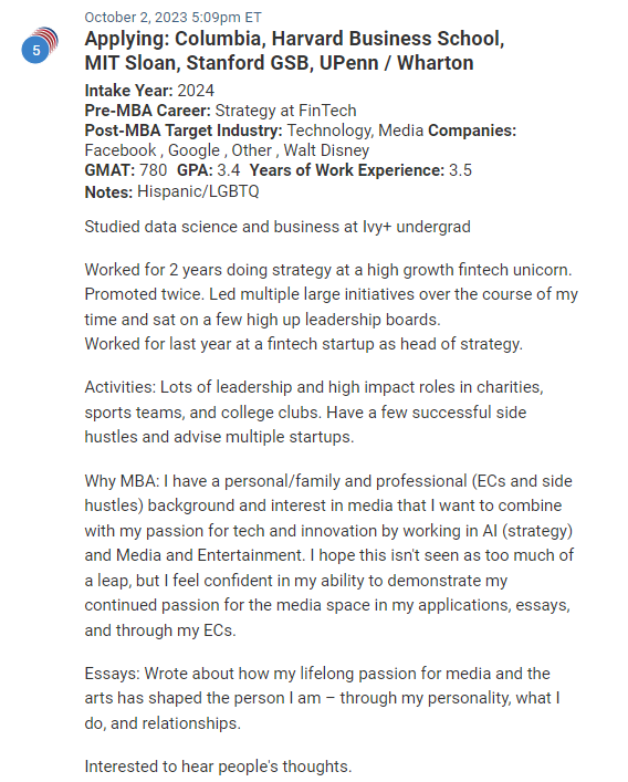 Strong MBA candidate, looking to switch from Fintech to Media. GMAT is 780.
