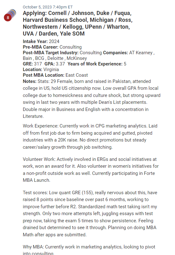 A Pakistani female MBA candidate with decent work experience and extra activities. Struggling with the GRE.