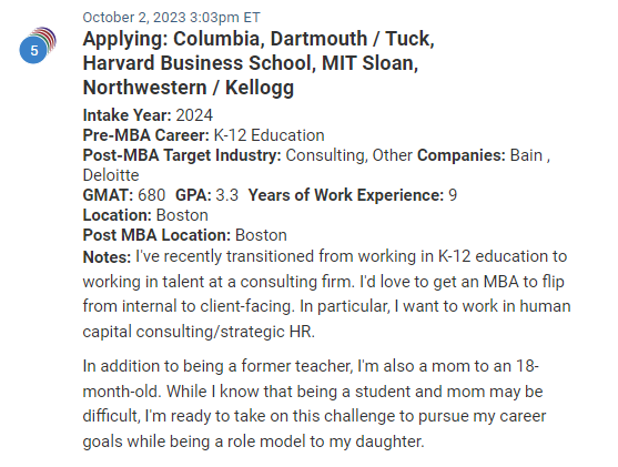 Switching from K-12 education, via human resources at a consulting firm, to an MBA. Also a mom!