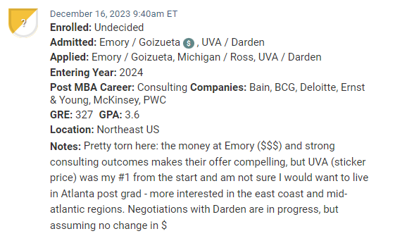 MBA candidate who is choosing between Emory / Goizueta and UVA / Darden.
