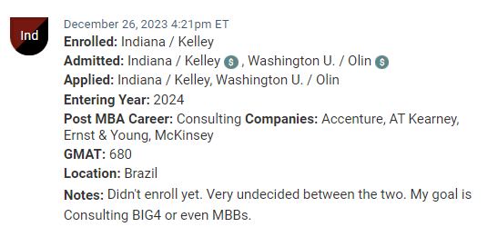 MBA candidate who is debating between offers from Indiana / Kelley and Washington / Olin.