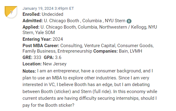 MBA candidate who is an entrepreneur, and is weighing offers from Columbia, Chicago / Booth and NYU / Stern (with a full-ride). 