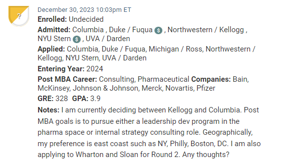 MBA candidate who is debating between offers from Columbia and Kellogg.