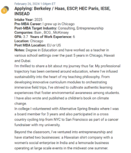 MBA applicant who has had a career in teaching. Looking to switch to sustainability in business. 