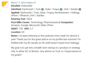 MBA candidate who is deciding between attending Duke / Fuqua or Dartmouth / Tuck. 