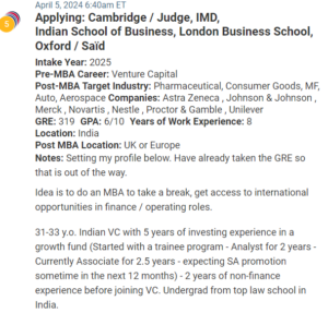 Venture Capitalist from India, seeking an MBA. GRE is 319.