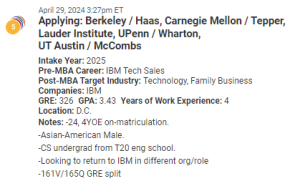 MBA candidate who has decent technical sales experience, a sold GRE of 326 and a decent GPA. But do they stand out?