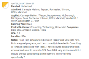 MBA candidate who is choosing between CMU / Tepper and USC / Marshall. Both MBA programs are in the same tier. 
