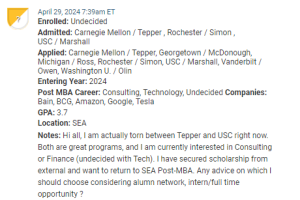 MBA candidate who is choosing between CMU / Tepper and USC / Marshall. Both MBA programs are in the same tier. 