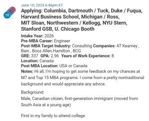 MBA applicant with a 337 GRE score.