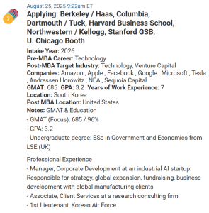 MBA applicant from South Korea with a 685 GMAT score.