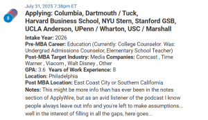 MBA applicant who has a passion for comedy, seeking MBA to pivot to entertainment.