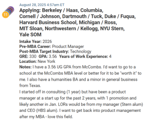 MBA applicant with a 330 GRE who is a product manager in New York.