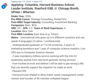 MBA applicant with a 331 GRE score. Speaks several languages.