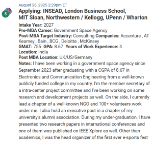 MBA applicant with a 755 GMAT score, works in the space industry.