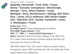 MBA applicant who is a product manager, 327 GRE