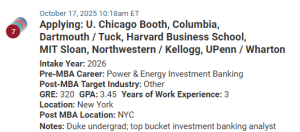 MBA applicant who works in investment banking. 320 GRE score.