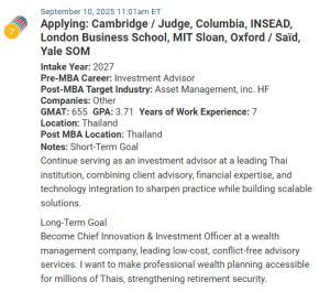 MBA applicant from Thailand who works in Wealth Management.