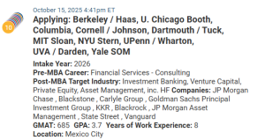 MBA applicant from Mexico who has a 685 GMAT score. 