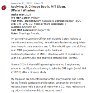 MBA applicant serving in the Marine Corps.