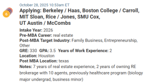 MBA applicant with a 330 GRE score, working at a family business in real estate.