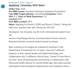 MBA applicant in New York City, onlly targeting Columbia and Stern.