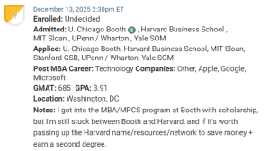 MBA applicant deciding between Booth and scholarship, and Harvard.