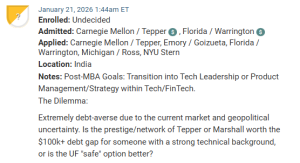 MBA applicant who is choosing between Florida / Warrington and CMU / Tepper.