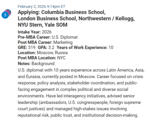MBA applicant who is a diplomat in Moscow.