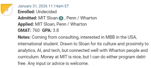 MBA applicant deciding between Wharton and Sloan.