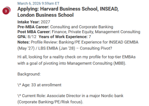 MBA applicant targeting EMBA programs for a career pivot.