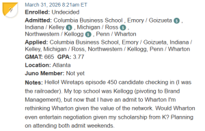 MBA applicant deciding between Wharton and Kellogg, for brand management.