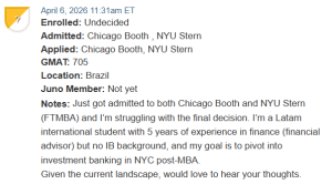 MBA applicant choosing between Stern and Booth.