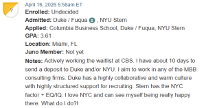 MBA applicant, choosing between Fuqua and Stern. On Columbia's wait list.