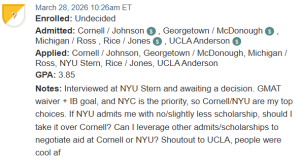 MBA applicant seeking investment banking in New York. Has an offer from Johnson, waiting for Stern.