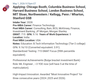 MBA applicant who is a machine learning engineer. Wants to pursue investment banking.