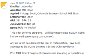 MBA candidate with deferred admissions.