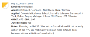 MBA candidate who is choosing between Johnson and Stern, for investment banking.