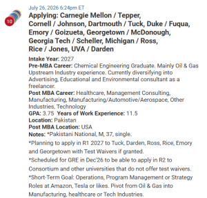 MBA applicant, pivoting from oil and gas sector.